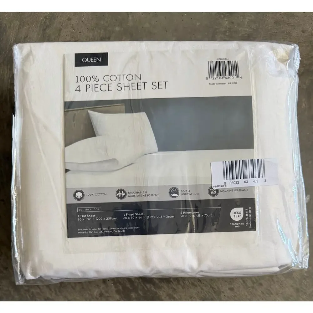 NEW! 510 Design Queen 4PC 100% Cotton Solid Sheet Set White